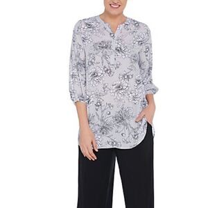 Dennis Basso Printed Woven Split Neck 3/4-Sleeve Tunic